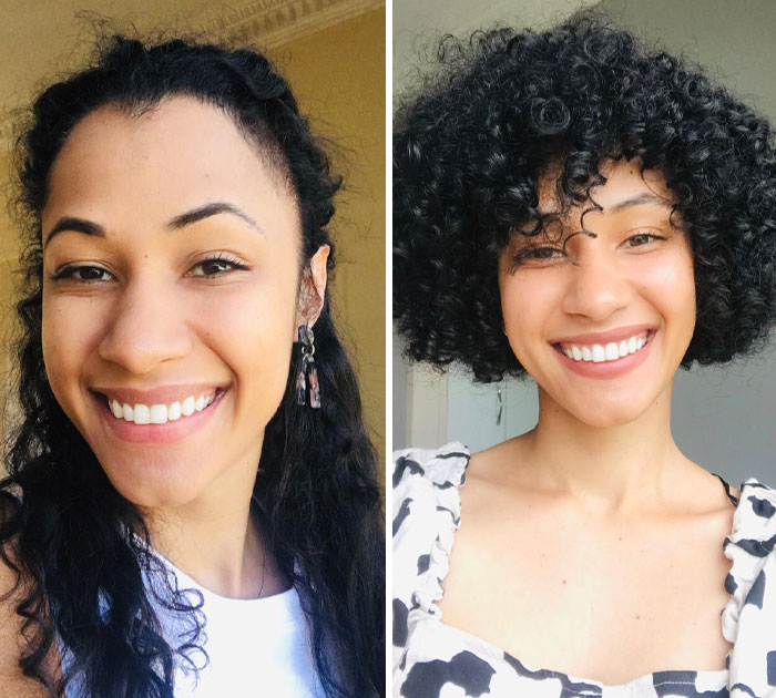 Side-by-side comparison of a woman showing small appearance changes with different hairstyles and smiles for biggest difference