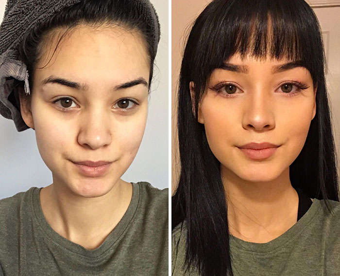 Woman showing before and after small appearance changes with makeup and hairstyle transformation for noticeable difference