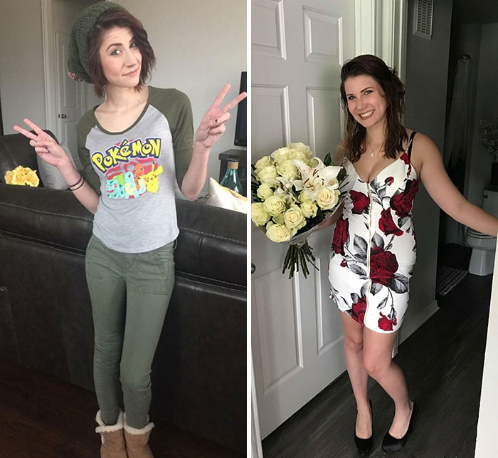 Woman showing small appearance changes wearing casual clothes and a floral dress holding white roses indoors