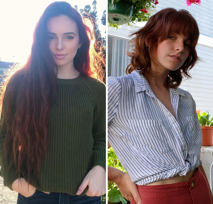 Before and after photos of a woman showing small appearance changes with a new hairstyle transformation.