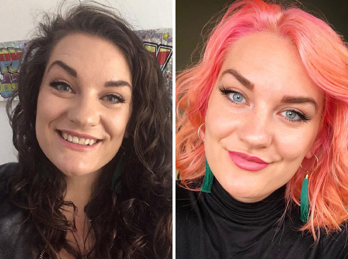 Side-by-side photos of a woman showing small appearance changes with hair color and makeup enhancing her look.