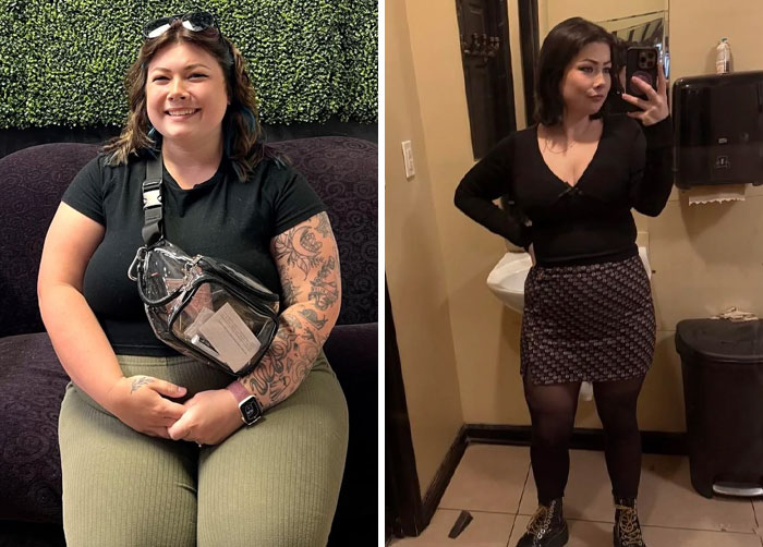 Side-by-side photos of a woman showing small appearance changes that made a big difference in confidence and style.