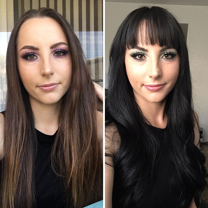 Side-by-side images of a woman showing small appearance changes with different hair color and makeup styles that made a big difference.