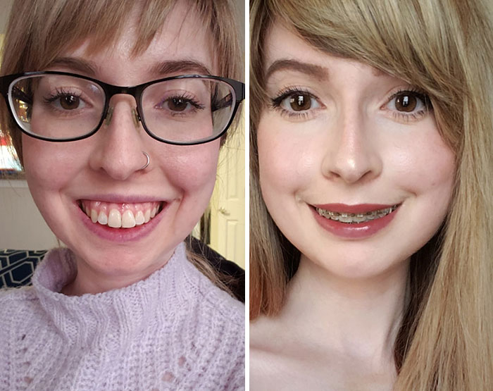 Before and after photos of a woman showing small appearance changes that made the biggest difference for her.