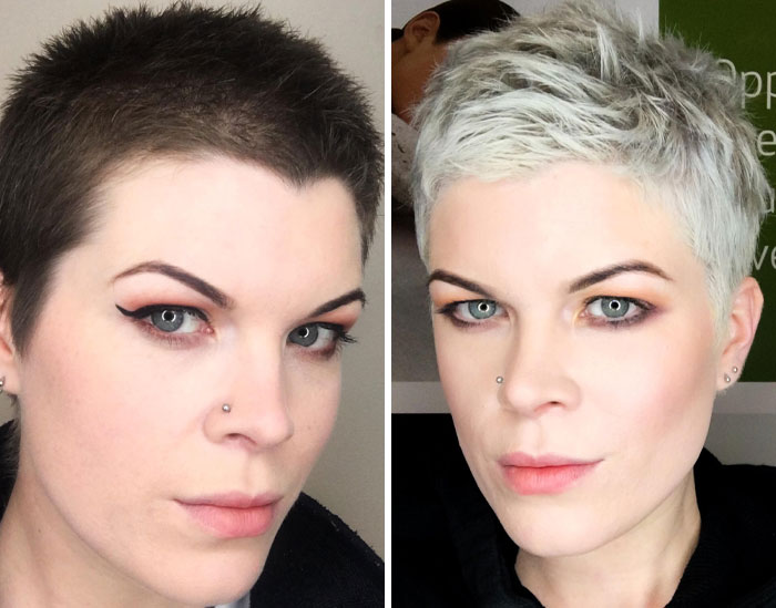 Before and after photos of a woman showing small appearance changes with different hair colors and styles.