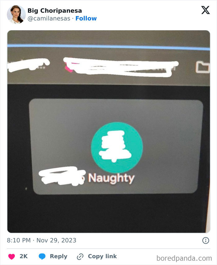 Screenshot of a work-from-home virtual meeting showing a participant labeled as Naughty on a dark background.