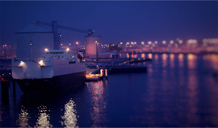 Cargo ship docked at night with lights reflecting on water, illustrating stories from people who worked at sea.