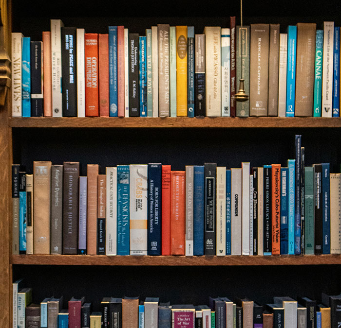 Books neatly arranged on wooden shelves in a study, illustrating an organized space for parents practicing helicopter parenting.