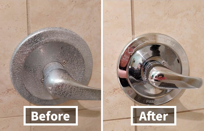 Shiny clean shower handle after removing grime and buildup, illustrating ways to ditch the slob life and start fresh.