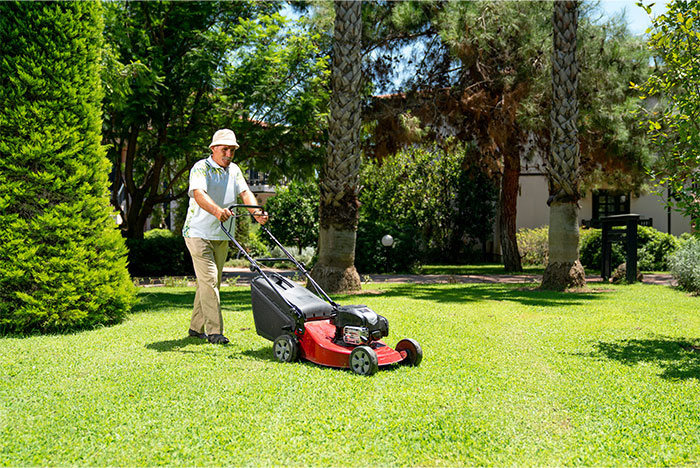 Man mowing lawn in a lush yard that has been transformed into a certified wildlife habitat with natural greenery.