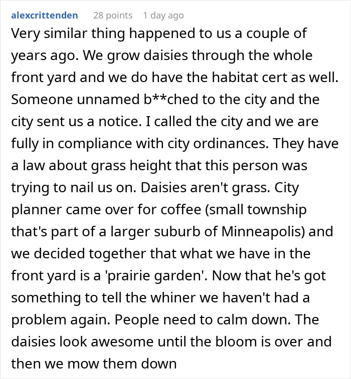 Comment describing a couple&rsquo;s certified wildlife habitat yard with daisies, addressing annoying neighbor&rsquo;s overgrown weeds complaint.