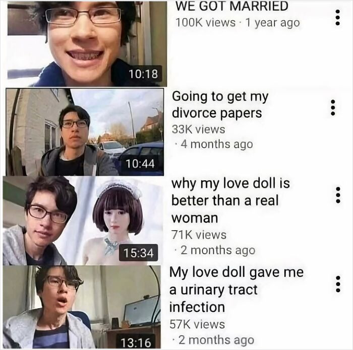 Screenshots of cringey Instagram videos showing awkward moments and unusual personal stories with a love doll included.