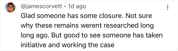 Twitter post by user jamescorvett expressing relief over closure and frustration about delayed research on remains linked to suspected serial killer&rsquo;s farm.