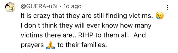 Screenshot of a social media comment expressing shock over more victims found on suspected serial killer&rsquo;s farm.