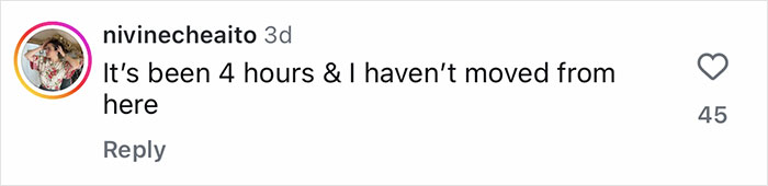 Instagram comment by user nivinecheaito posted 3 days ago, expressing they haven&rsquo;t moved for four hours, former band member looks unrecognizable.