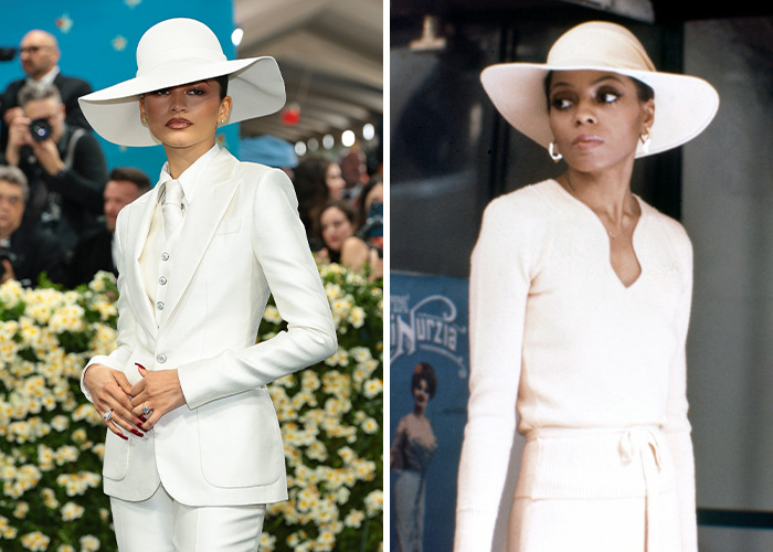 Two celebs wearing iconic fashion reboots in white outfits and wide-brim hats, showcasing stylish and elegant looks.