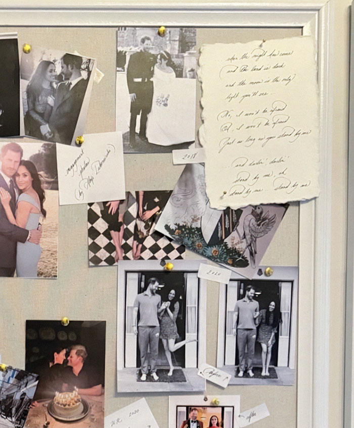 Photo collage featuring Meghan Markle and Prince Harry, highlighting anniversary moments and personal notes pinned on a board.