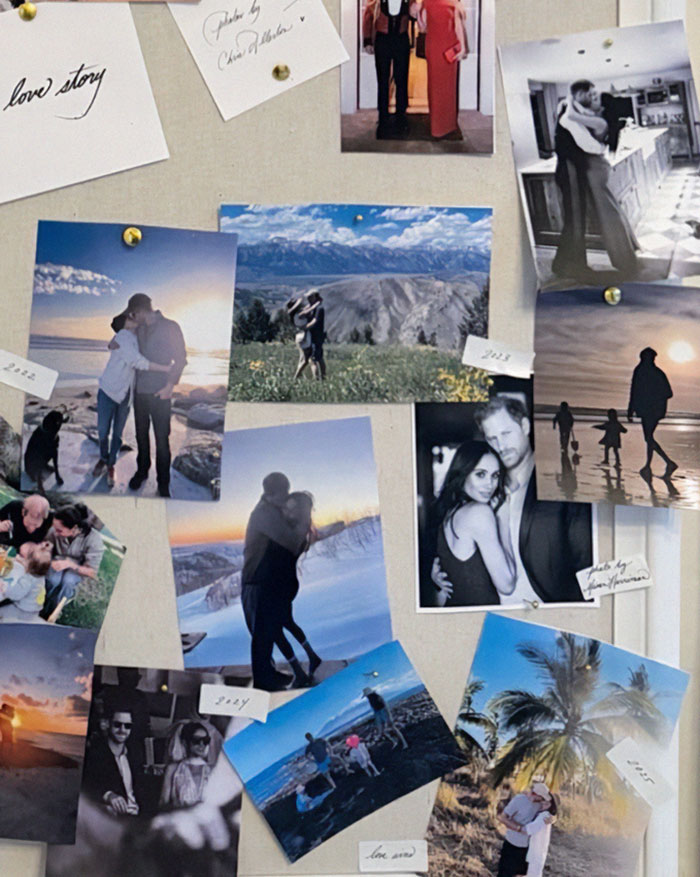 Collage of photos showing Meghan Markle and Prince Harry in various scenic and intimate moments, anniversary memories.