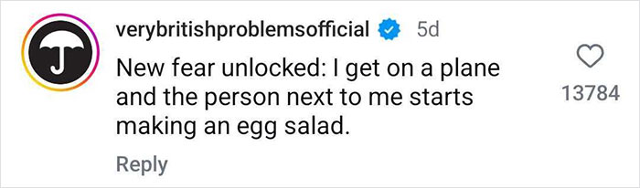 Screenshot of a social media comment about a plane passenger making an egg salad mid-flight causing backlash. Screenshot of a social media comment about a plane passenger making an egg salad mid-flight causing backlash.