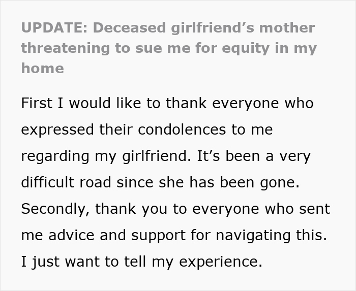 Text excerpt about man concerned late girlfriend&rsquo;s mom might slap him with a lawsuit and demand $100K, seeking legal advice.
