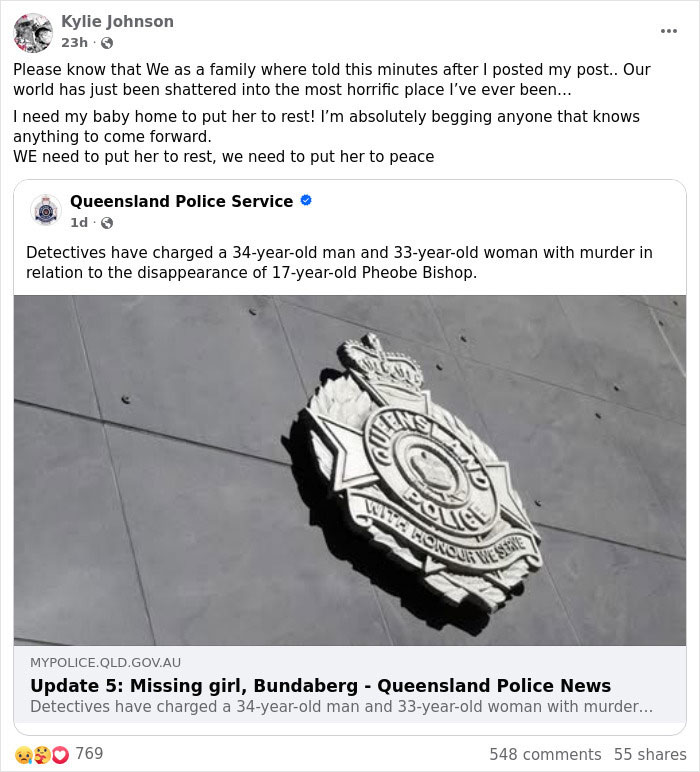Queensland Police emblem on a building wall related to the search for missing teenager and human remains found. Queensland Police emblem on a building wall related to the search for missing teenager and human remains found.