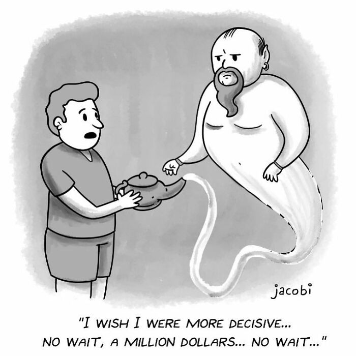 Single-panel comic by artist Jacob Breckenridge showing a man with a genie and a humorous caption about indecision.