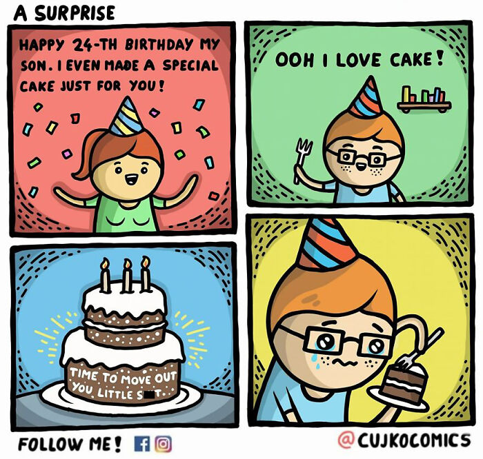 Birthday comic with dark twist showing a cake message that surprises a happy son wearing a party hat.