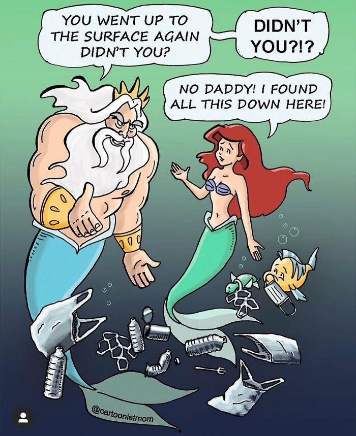 Cartoon of a mermaid and merman underwater surrounded by trash, capturing life’s weird, awkward, and hilarious moments in comics.