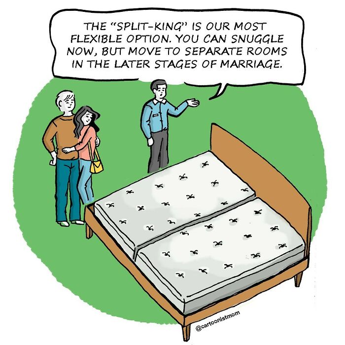 Comic illustrating relationship humor with a couple and a seller showing a split king bed option.