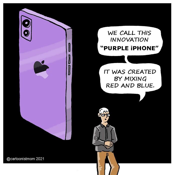 Cartoon showing a person humorously explaining the creation of a purple iPhone in a comic capturing life’s awkward moments.