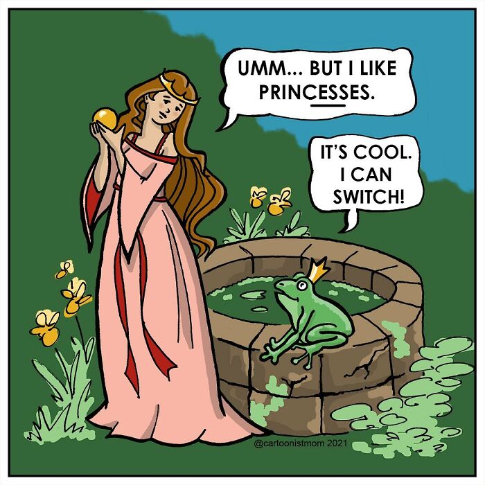 Comic panel showing a princess talking to a frog prince in a well, capturing awkward and hilarious life moments.