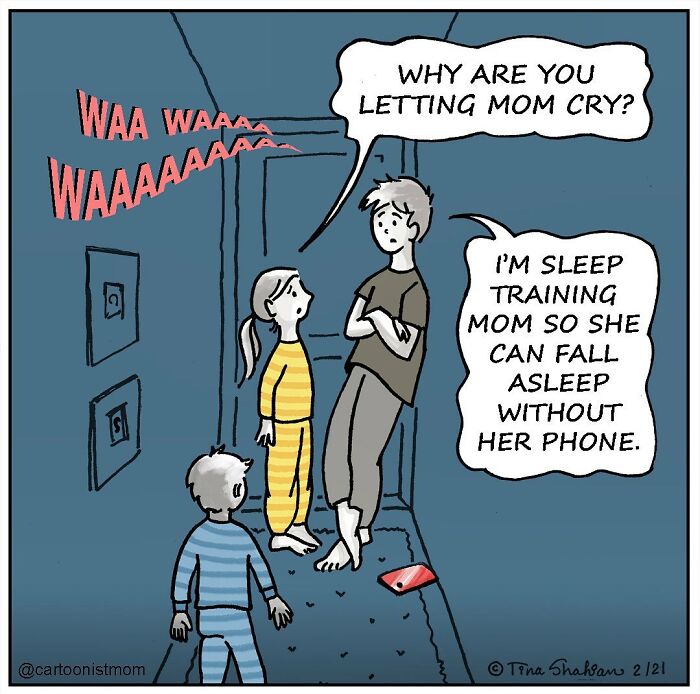 Comic scene showing kids discussing sleep training mom to fall asleep without her phone, capturing life's awkward moments.