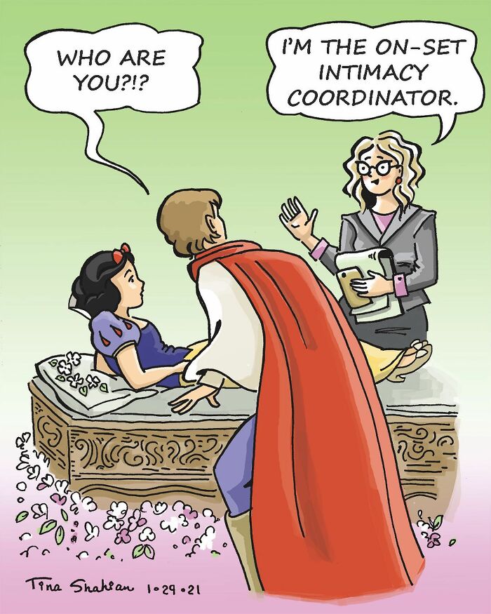 Comic by artist showing on-set intimacy coordinator explaining her role to a prince and princess, capturing life's awkward moments.