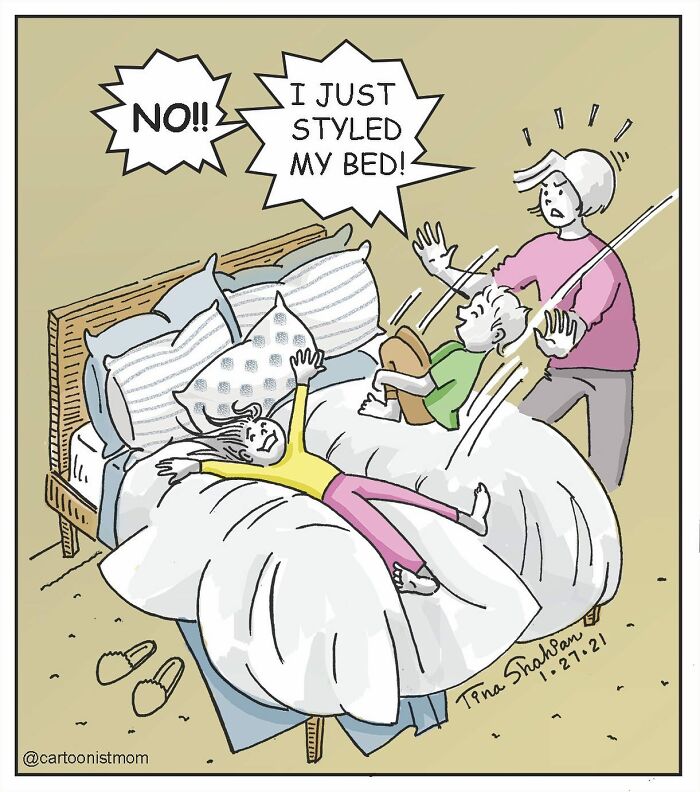Comic showing kids jumping on a styled bed, capturing life’s awkward and hilarious moments in relatable family humor.