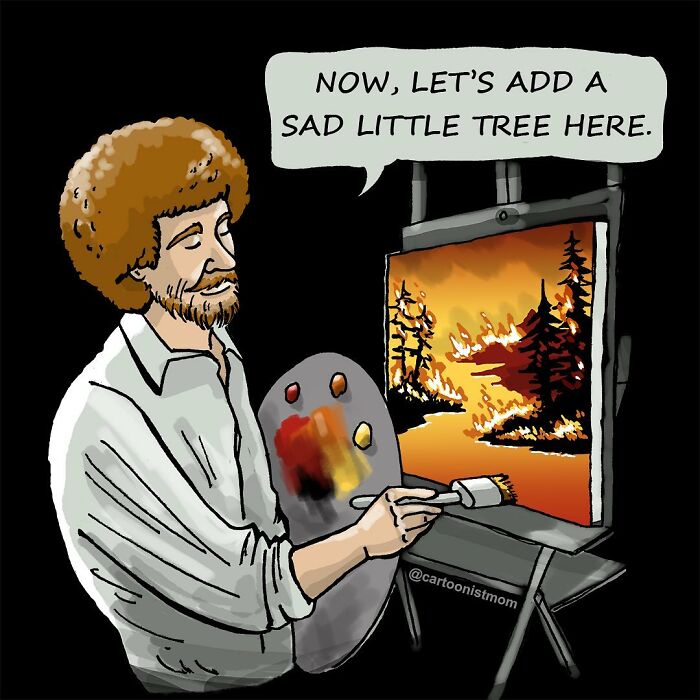 Cartoon of artist painting a forest fire scene with a palette, capturing life’s weird and awkward moments in comics.