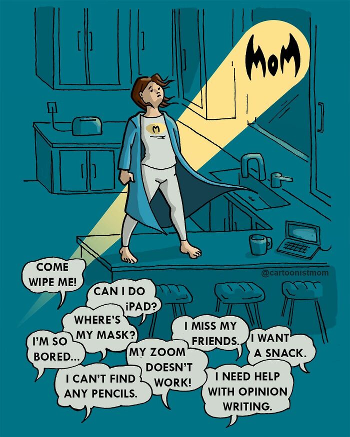 Comic illustration capturing life’s weird and awkward moments with a mom overwhelmed by kids’ demands and questions.