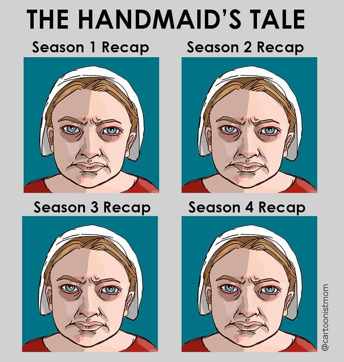 Illustration showing four similar comic panels of a woman from The Handmaid’s Tale, capturing life’s awkward moments.