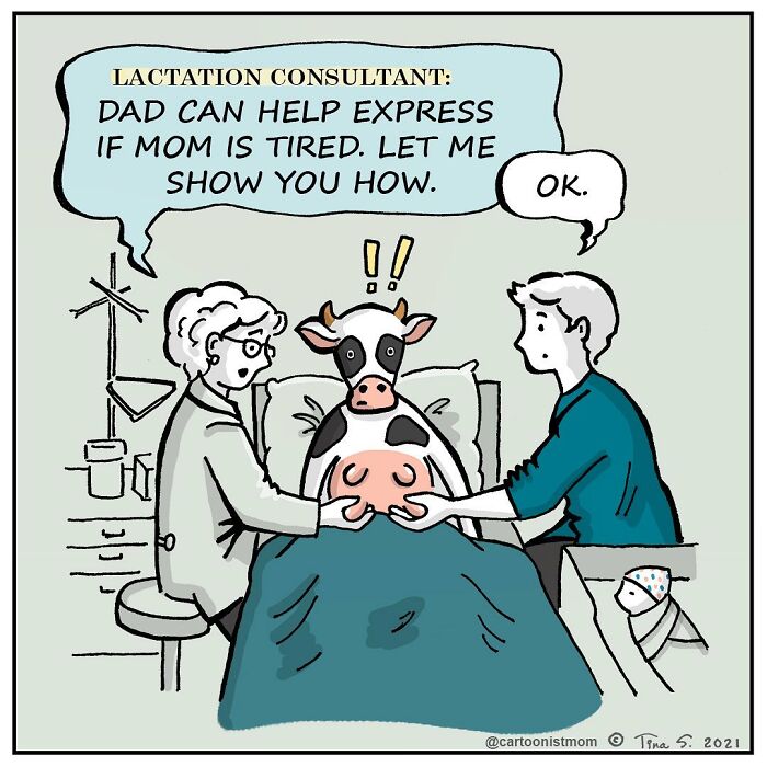 Cartoon comic showing a lactation consultant teaching dad how to express milk from a cow, capturing awkward life moments.