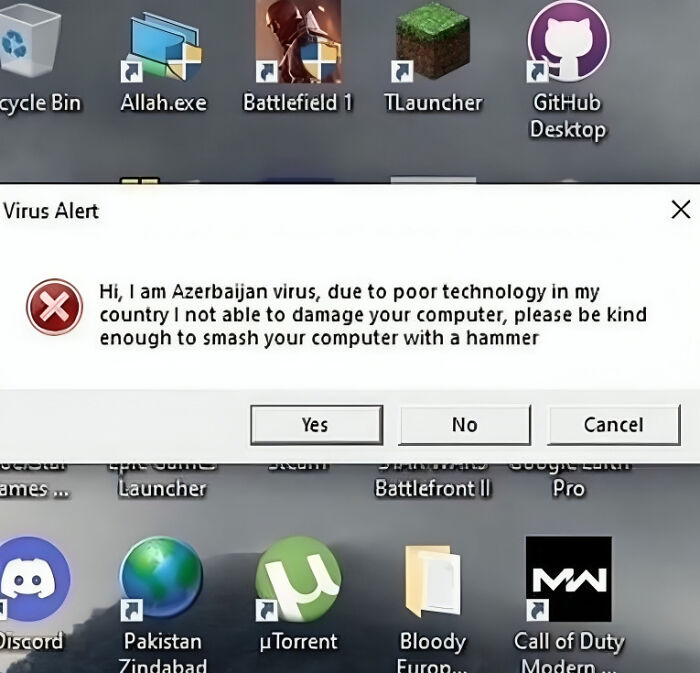 Humorous computer virus alert mocking internet lies with absurd self-deprecating message on a desktop screen.