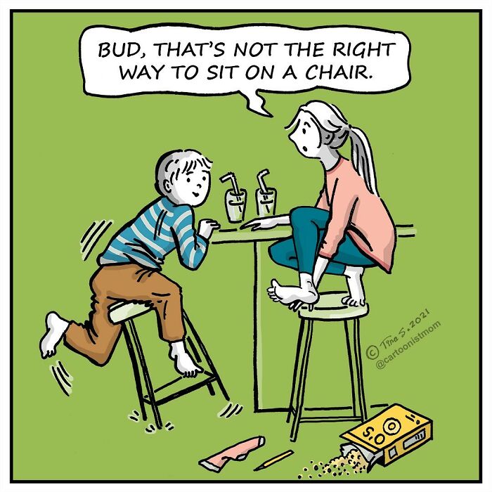 Two kids sitting awkwardly on stools with spilled cereal, illustrating life’s weird and awkward moments in a comic style.