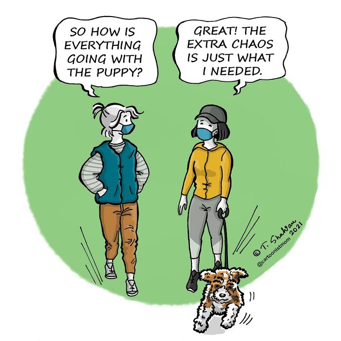 Two women wearing masks discuss life’s chaos while walking a puppy in a comic capturing life's weird and awkward moments.