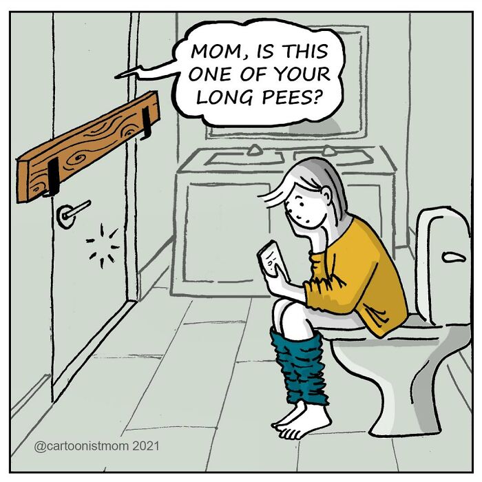 Comic illustration showing awkward bathroom moment, capturing life’s weird and hilarious moments in artist-made comics.