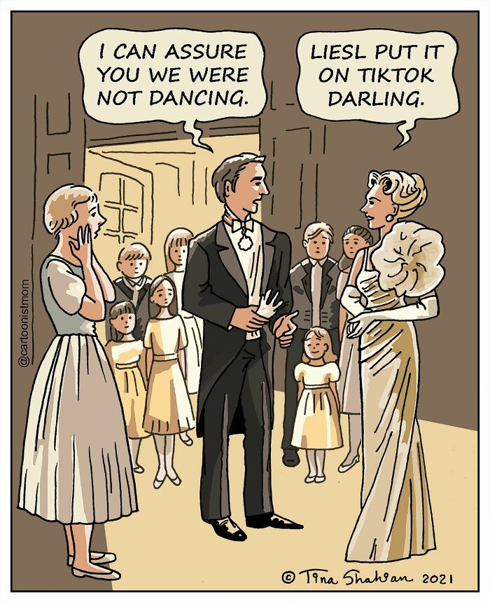 Comic scene showing people in formal wear capturing life’s awkward and hilarious moments with a modern twist.