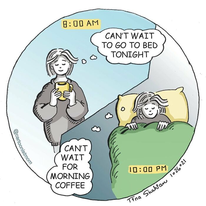 Comic illustrating life’s awkward moments with a woman craving coffee in the morning and bedtime at night.