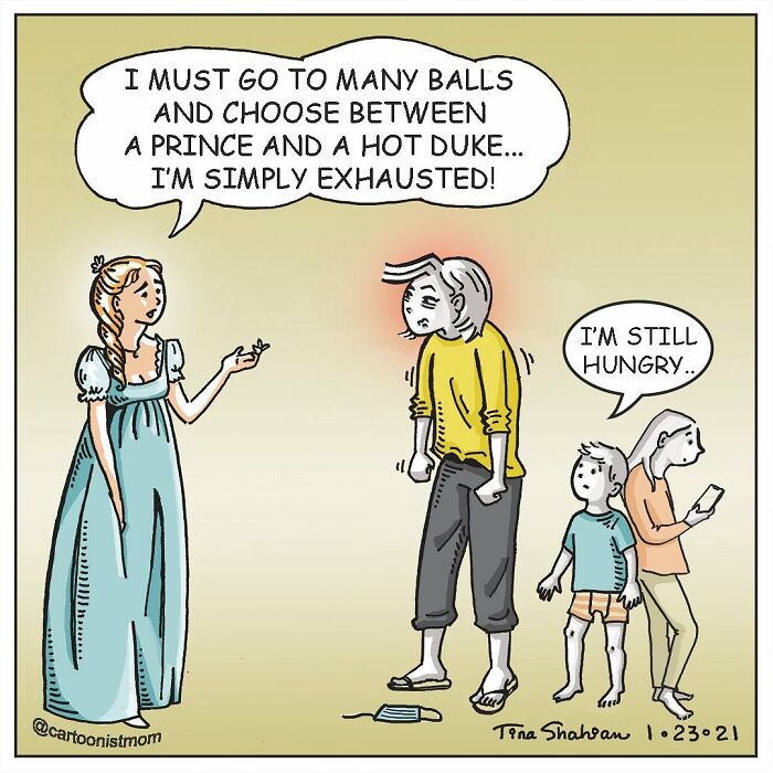 Comic panel capturing life’s awkward and hilarious moments with characters discussing exhaustion and hunger.