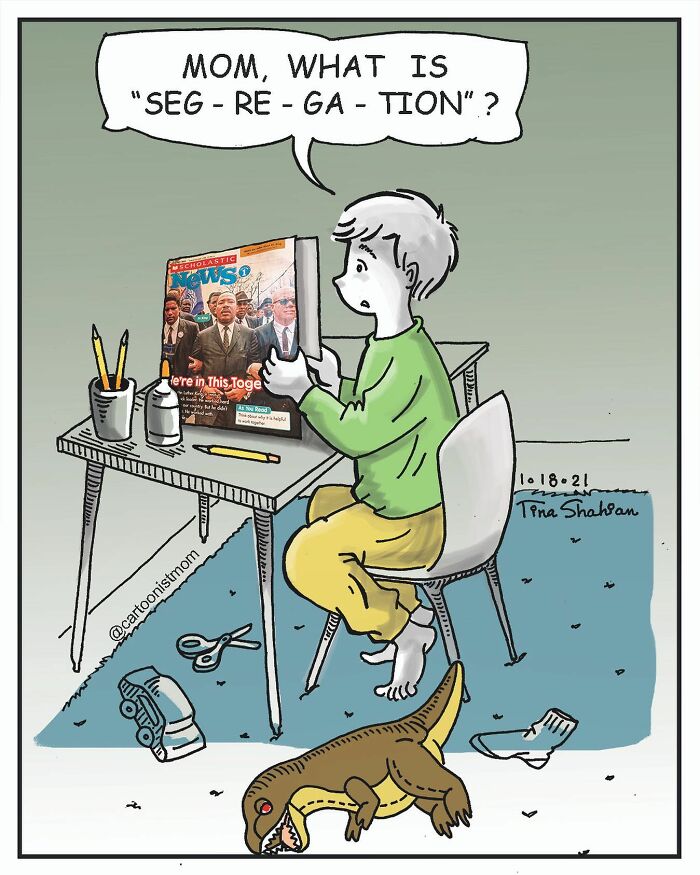 Child in a comic reading a magazine, asking about segregation, capturing life’s awkward and hilarious moments.