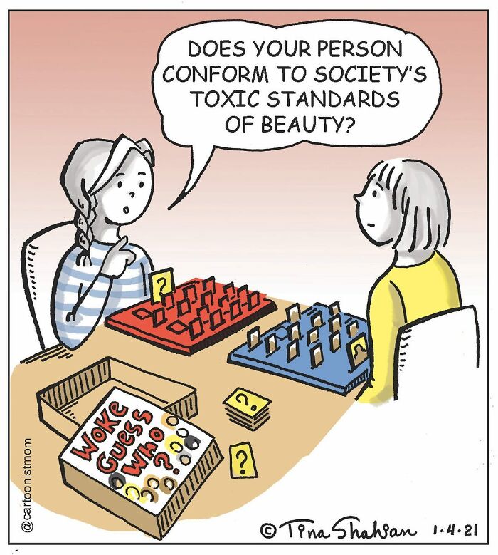 Comic by artist playing woke Guess Who game, capturing life's weird, awkward, and hilarious moments with social commentary.