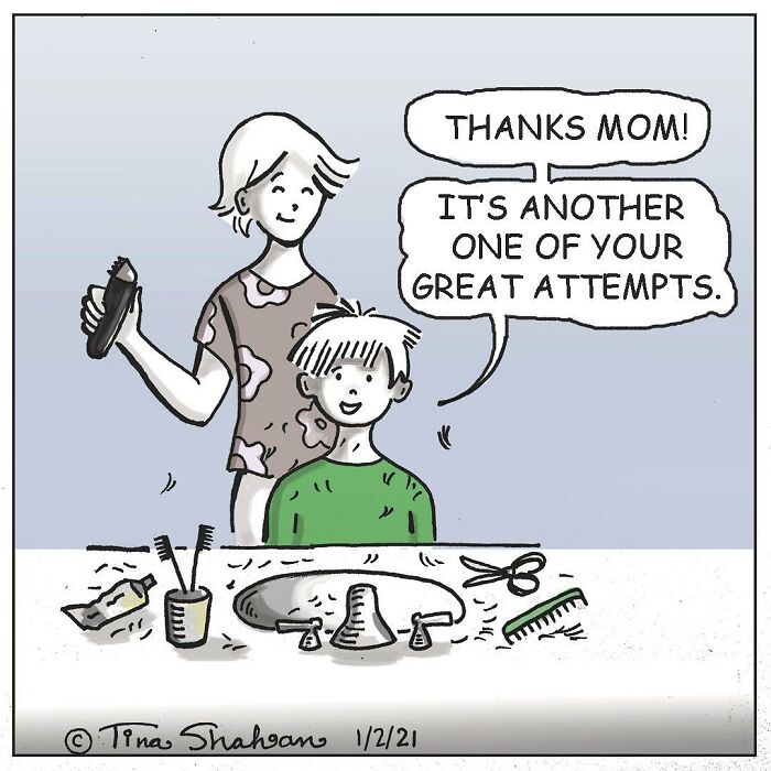 Comic showing a mother giving a haircut to her child, capturing life's awkward and hilarious moments in art.