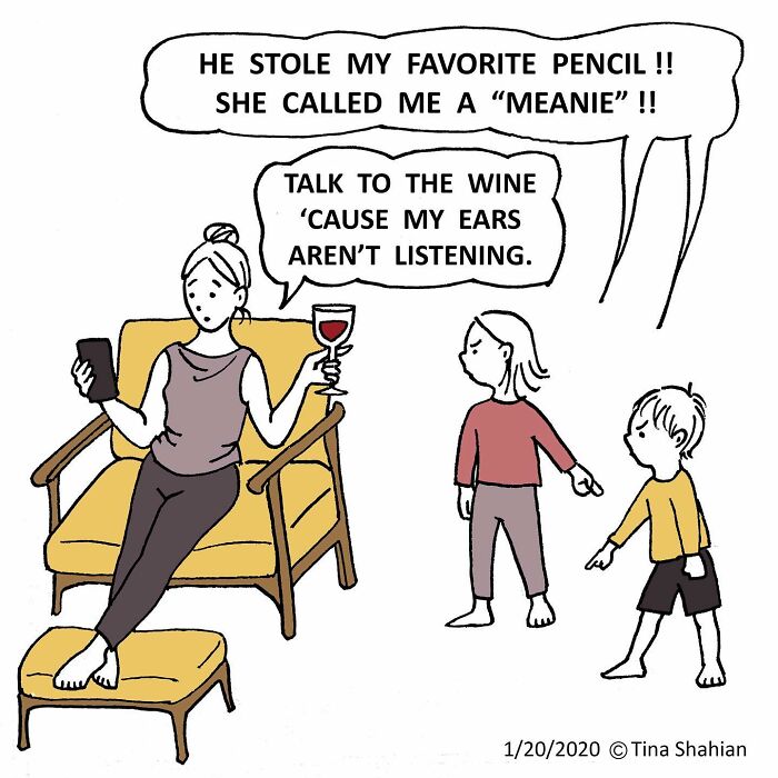 Comic by artist showing a woman humorously ignoring kids' complaints, capturing life’s weird, awkward, and hilarious moments.