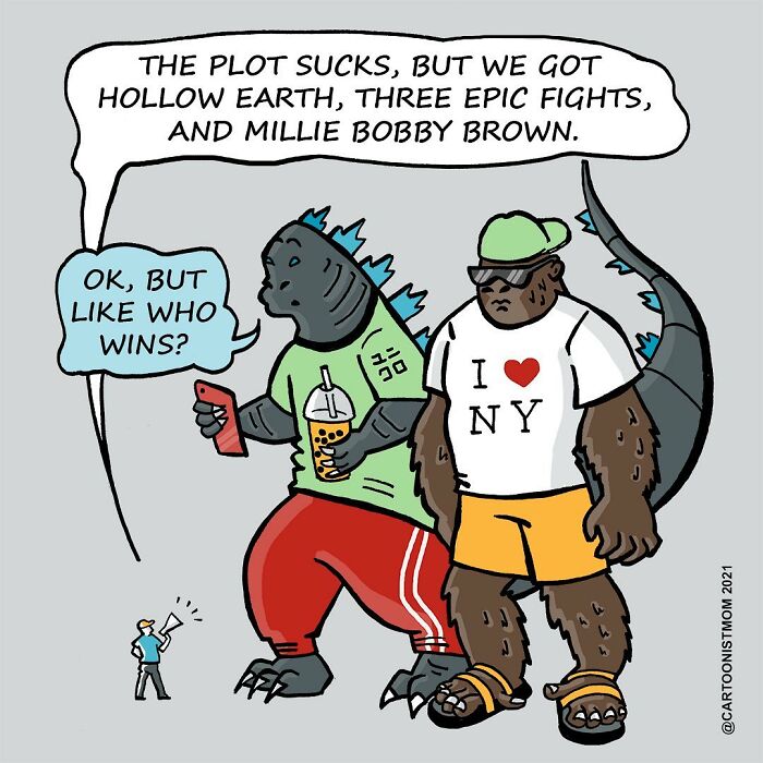 Cartoon comic showing two monsters discussing a movie plot, capturing life’s weird and awkward moments humorously.